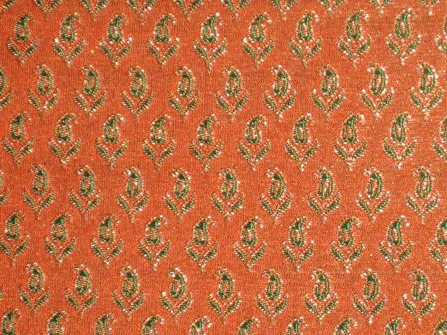 Silk Brocade Fabric Orange with Green paisleys & Metallic Gold 44" wide BRO147[2]