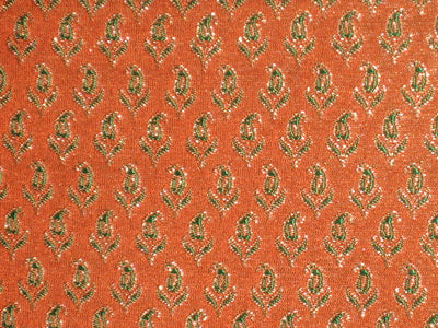 Silk Brocade Fabric Orange with Green paisleys &amp; Metallic Gold 44" wide BRO147[2]