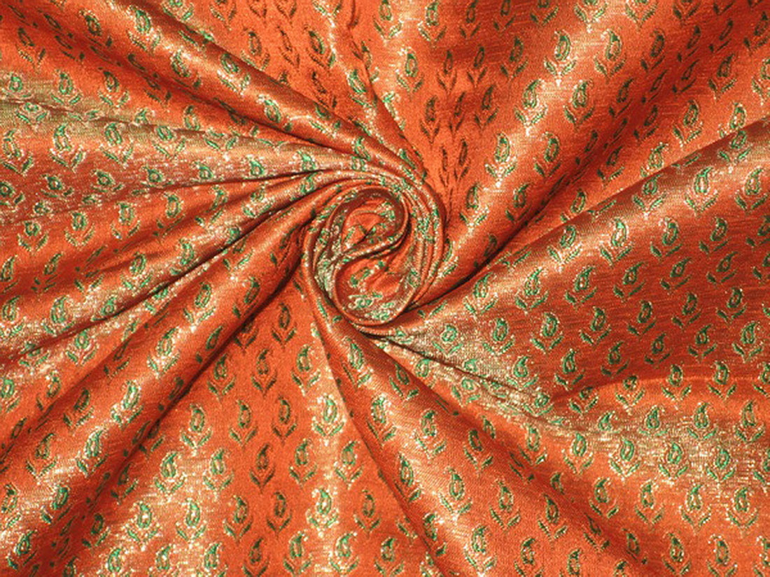 Silk Brocade Fabric Orange with Green paisleys &amp; Metallic Gold 44" wide BRO147[2]
