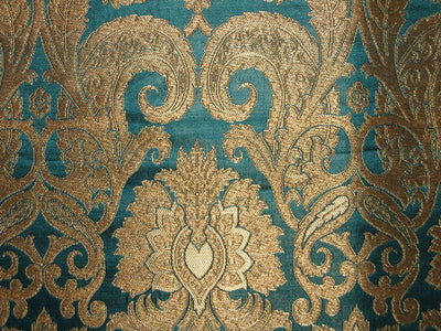 Heavy Silk Brocade Fabric Peacock Blue &amp; Metallic motifs