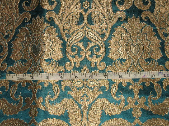 Heavy Silk Brocade Fabric Peacock Blue &amp; Metallic motifs
