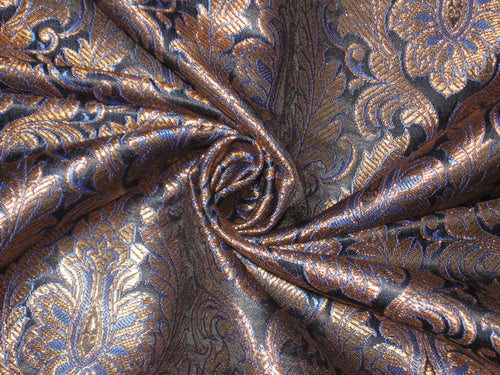 SILK BROCADE FABRIC Metallic Gold,Blue & Black 44" wide BRO167[7]