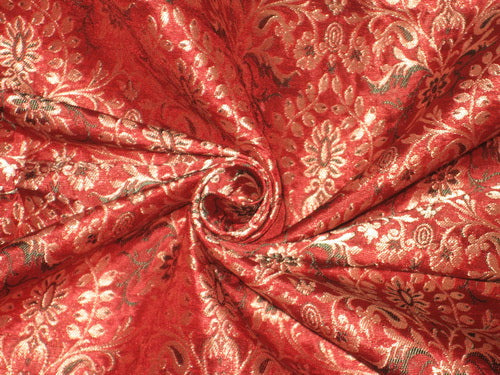 Pure Heavy Silk Brocade Fabric Red,Green &amp; Metallic Gold color 44&quot;