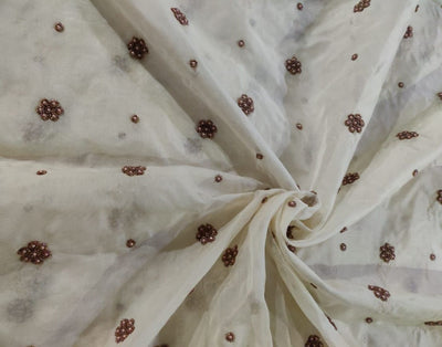 Silk organza with antique gold and pearl hand embroidery Semi Sheer fabric 54" wide [11662/63]