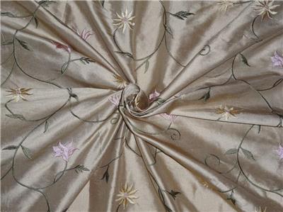 Silk Dupioni Fabric Beige,Gold x Pink Green Flower Embroidery 54" Wide DUP#E52[3]