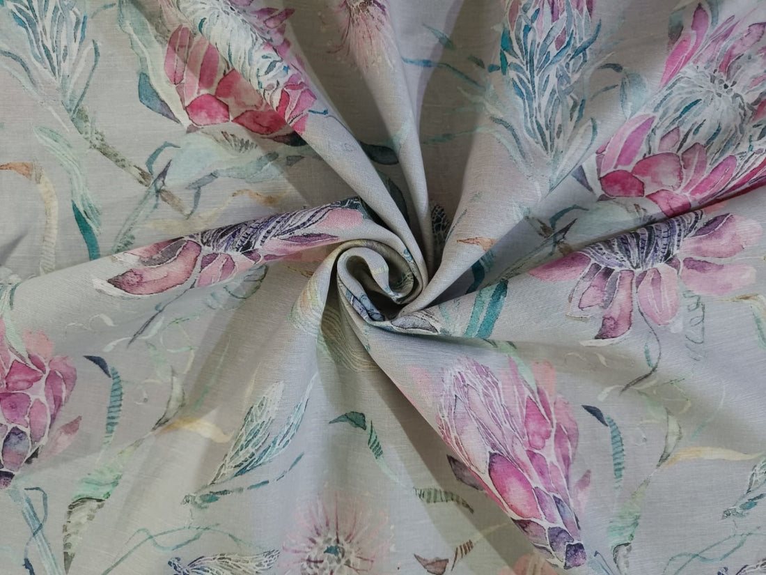 100% linen Floral digital print s fabric 44" available in  two colors ivory red floral and powder blue, pink floral[12910/12911]