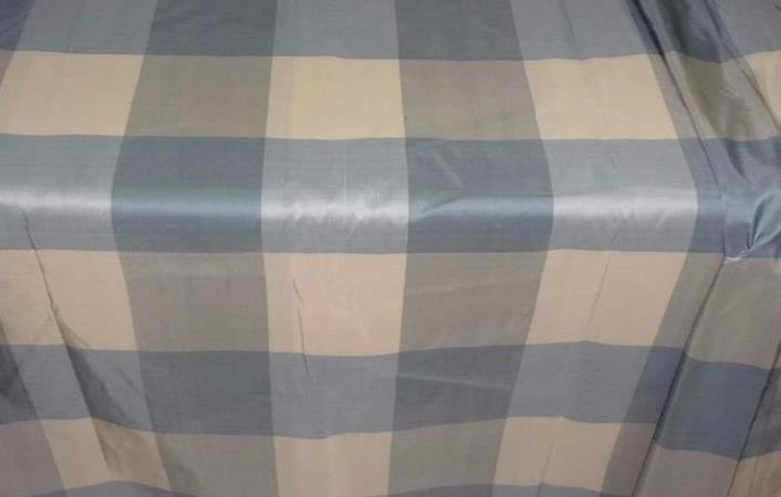 SILK DUPIONI IVORY CREAM GREY GREYISH BLUE COLOR PLAIDS  FABRIC 54" wide DUP#C81