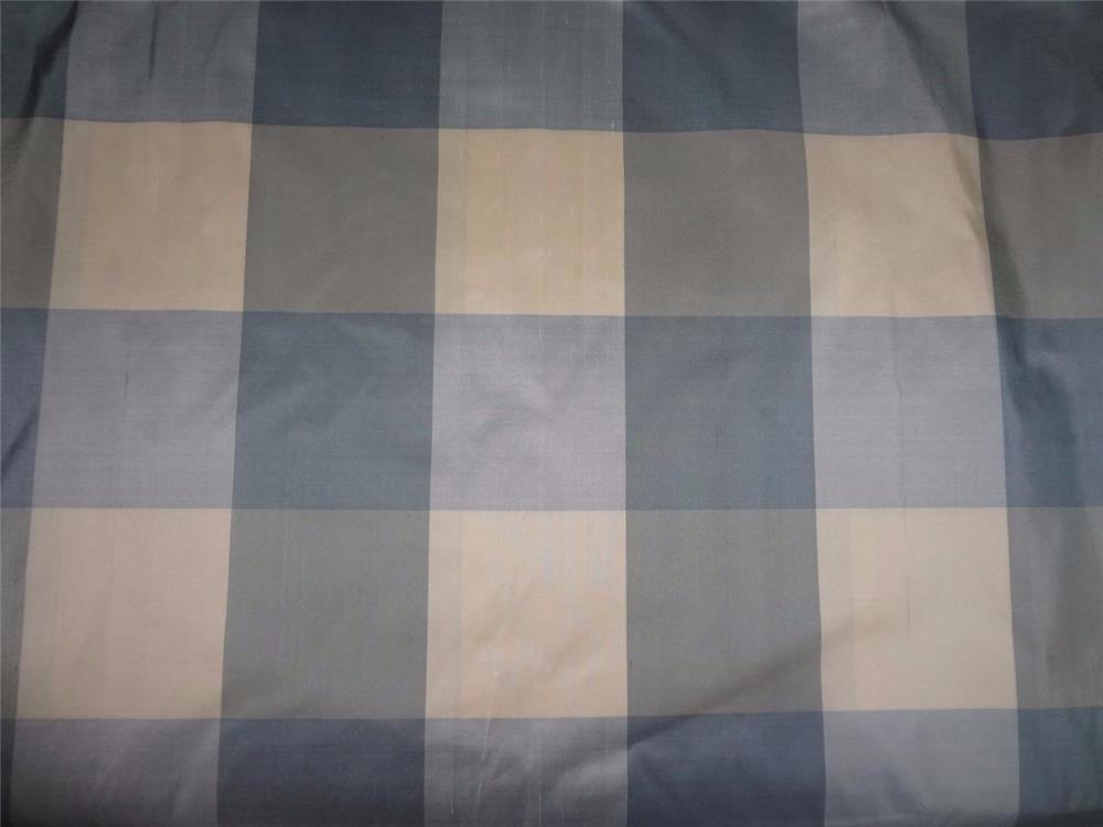 SILK DUPIONI IVORY CREAM GREY GREYISH BLUE COLOR PLAIDS  FABRIC 54" wide DUP#C81