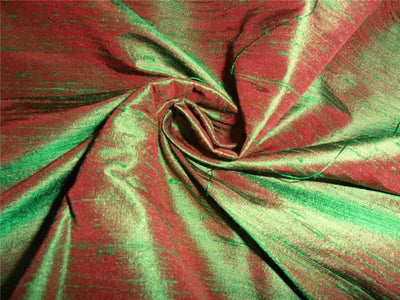 100% PURE SILK DUPIONI FABRIC EMERALD GREEN X RED colour 44" wide WITH SLUBS MM37[1]