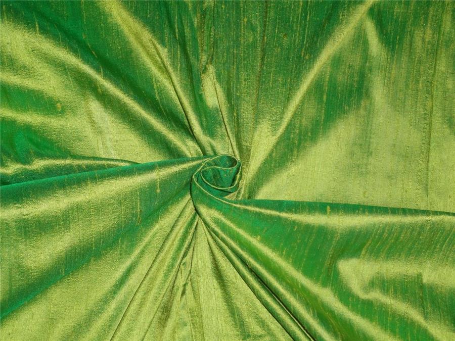 100%PURE SILK DUPIONI FABRIC PISTACHIO GREEN X DEEP GREEN 54&quot;WITH SLUBS*