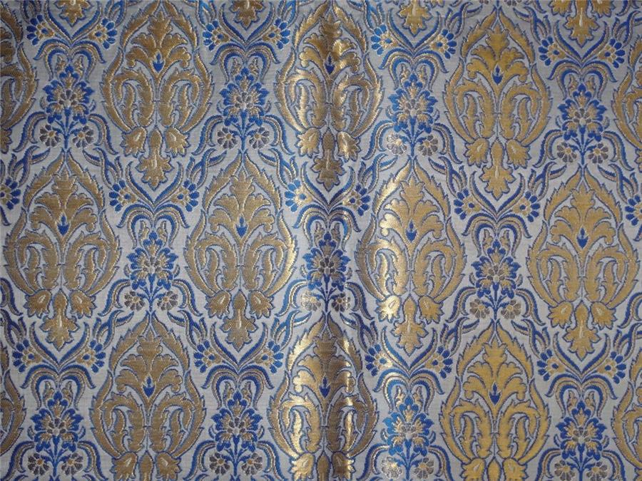 HEAVY SILK BROCADE FABRIC IVORY, BLUE X METALLIC GOLD COLOR 36" wide BRO491[4]