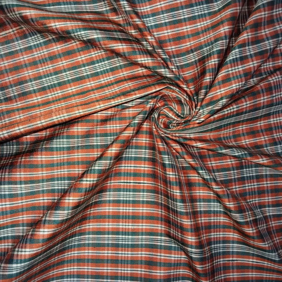 100% silk Dupion green orange PLAIDS fabric 54&quot; wide