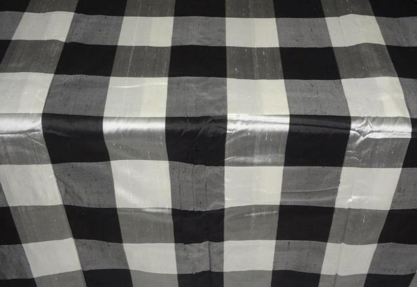 SILK DUPIONI BLACK,GREY,IVORY AND SILVER PLAIDS FABRIC 54" wide DUP#C52