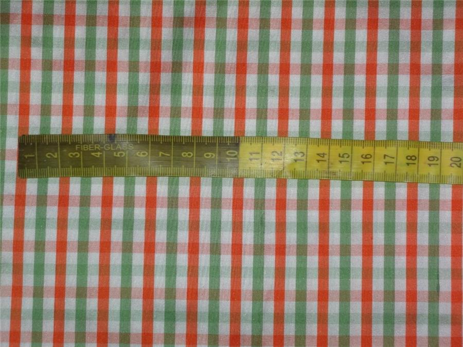 100% Pure Silk Dupioni Fabric Orange x Green White Small Checks 54" wide DUP#C84