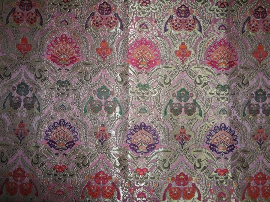 Heavy Silk Brocade Fabric shades of pink orange metallic gold & green COLOR 44" WIDE BRO539[4]