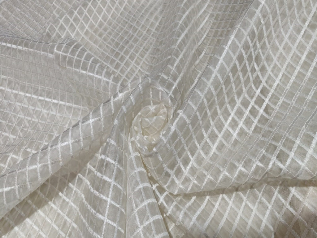100 % Silk Organza Embroidery Plaid Semi Sheer Fabric 44 wide