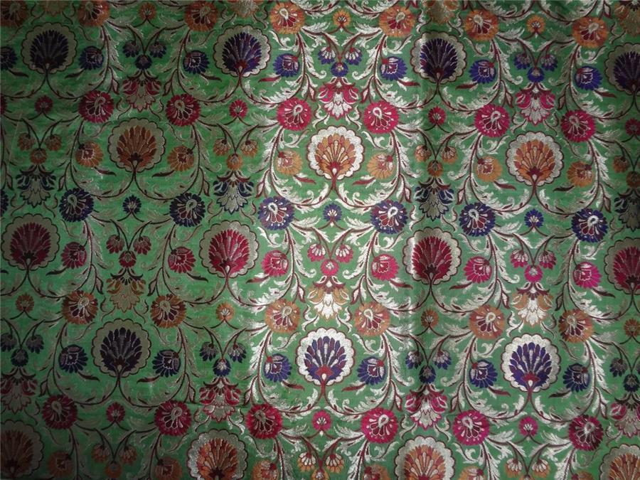 SILK BROCADE FABRIC GREEN METALLIC GOLD & MULTI COLOR 44" wide BRO544[4]