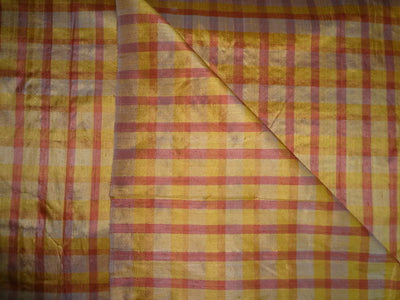 Pure Silk DUPIONI Shades of Orange Color Plaids fabric ~ 44&quot; width