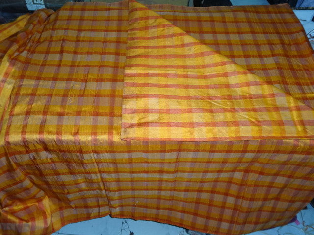 Pure Silk DUPIONI Shades of Orange Color Plaids fabric ~ 44&quot; width