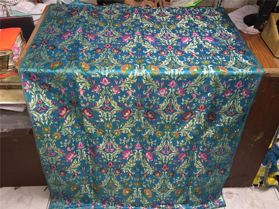 Heavy Silk Brocade Fabric blue, rust ,green x metallic gold color