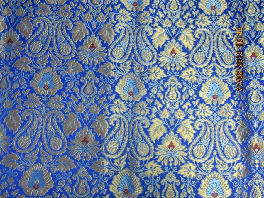 Heavy Silk Brocade Fabric royal blue turquoise blue x metallic gold