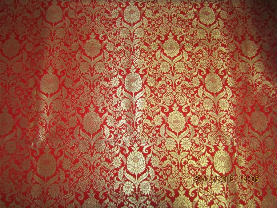 Heavy Silk Brocade Fabric red x Metallic Gold color 36&quot;