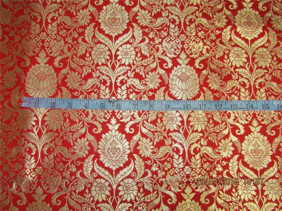 Heavy Silk Brocade Fabric red x Metallic Gold color 36&quot;