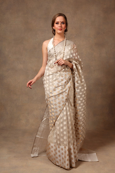 Chanderi silk fabric golden with white polka dots 44'' wide [11063]