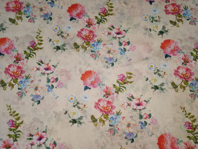 Chanderi silk fabric FLORAL PRINT cream with pink and blue 44" wide [12871]