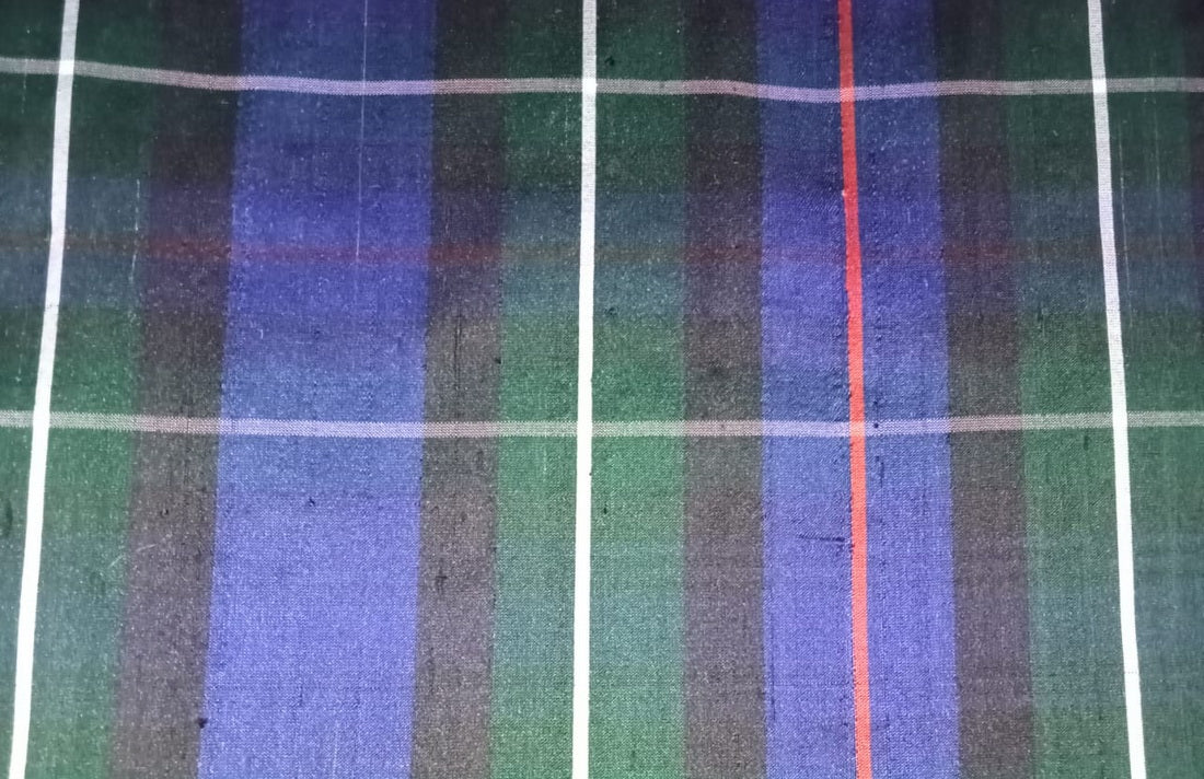 100% silk dupion blue green tartan Plaids fabric 54" wide DUPNEWC7[4]