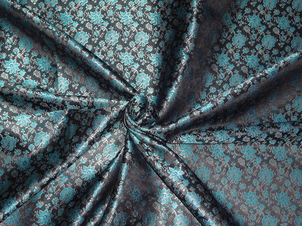 SILK BROCADE FABRIC TURQUOISE BLUE,SILVER X BLACK COLOR 44" wide BRO488[4]