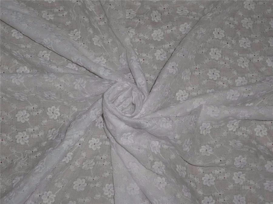 white color cotton organdy fabric 44" wide with tiny floral embroidery [8105]