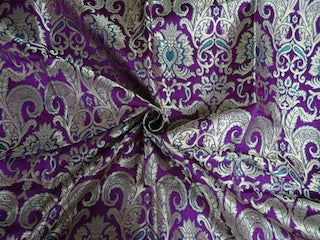 Pure Heavy Silk Brocade Fabric Metallic Gold,Purple &amp; Green 36&quot;