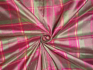 SILK Taffeta FABRIC Green & Pink color plaids 3.70 yards continuous piece PKT#C38[1]