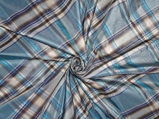 SILK Taffeta FABRIC Shades of Blue,Brown & Ivory color plaids PKT#C38[3]