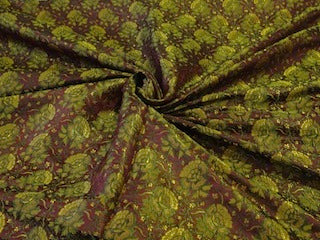 SILK BROCADE FABRIC Aubergine,Green &amp; Yellow 44&quot;