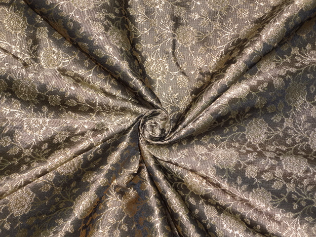 Pure Silk Brocade~Width 44&quot;~Black &amp; Golden Beige Colour floral design