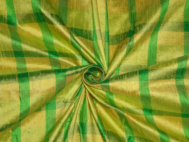 Pure Silk DUPIONI Green x Yellow Color Plaids fabric ~ 44&quot; wide