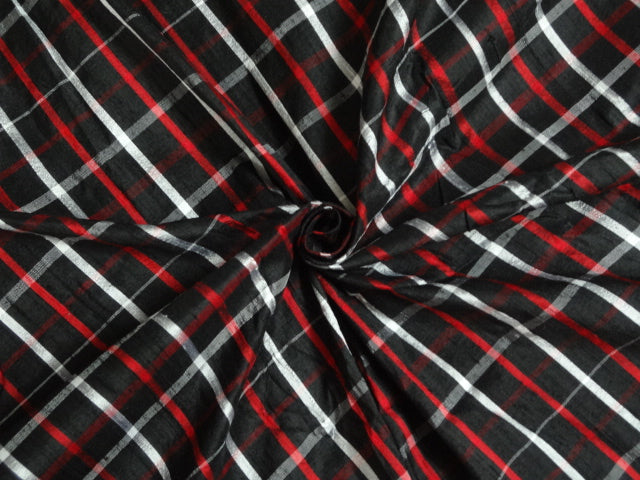 100% Pure Silk Black, Red & White Color Plaids fabric 44" wide DUP#C72 [4849]