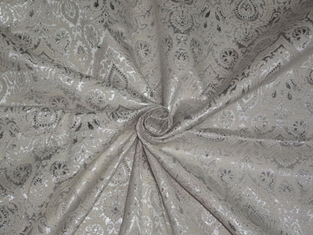 Pure Silk Brocade~Width 44&quot;~Ivory &amp; Metallic Silver Colour