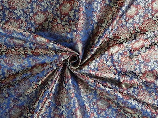 Pure SILK BROCADE FABRIC Blue,Red &amp; Light Gold colour 44&quot;