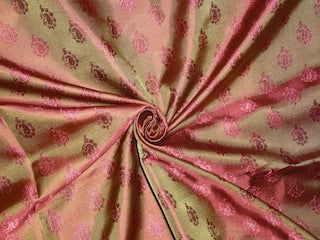 Pure SILK BROCADE FABRIC Golden Olive Green &amp; Rusty Red colour 44&quot;