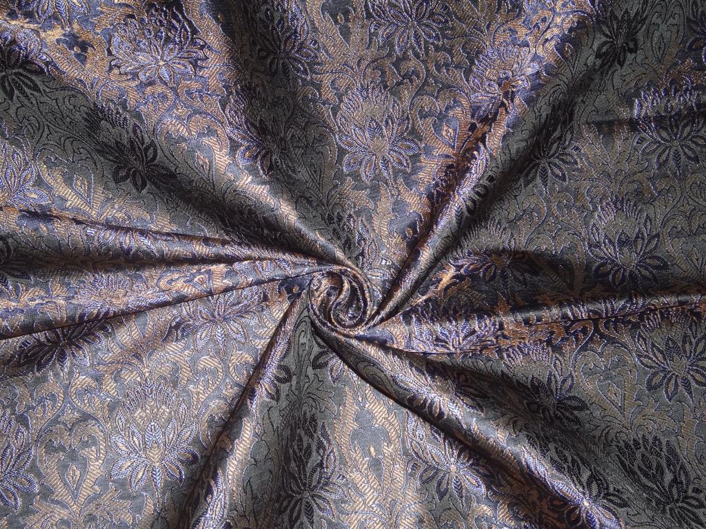 silk Brocade fabric Blue, Black & Metallic Bronze color 44" wide bro150{5}