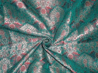 Pure Silk Brocade fabric Green,Red &amp; Metallic Gold 44&quot;