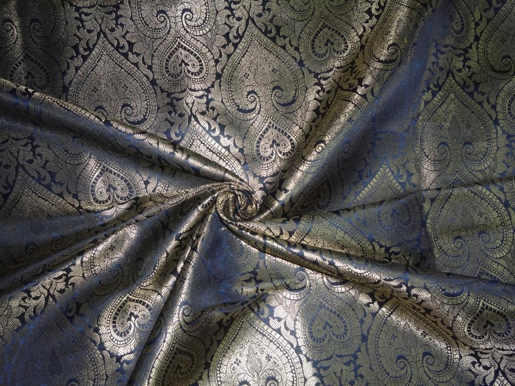 Heavy Silk Brocade Fabric Navy Blue &amp; Metallic Gold