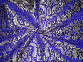 Heavy Silk Brocade Fabric Ink Blue,Brown &amp; Metallic Gold 0.65 YARDS