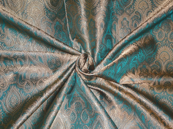 SILK BROCADE FABRIC AQUA BLUE X GOLD COLOR 44&quot;