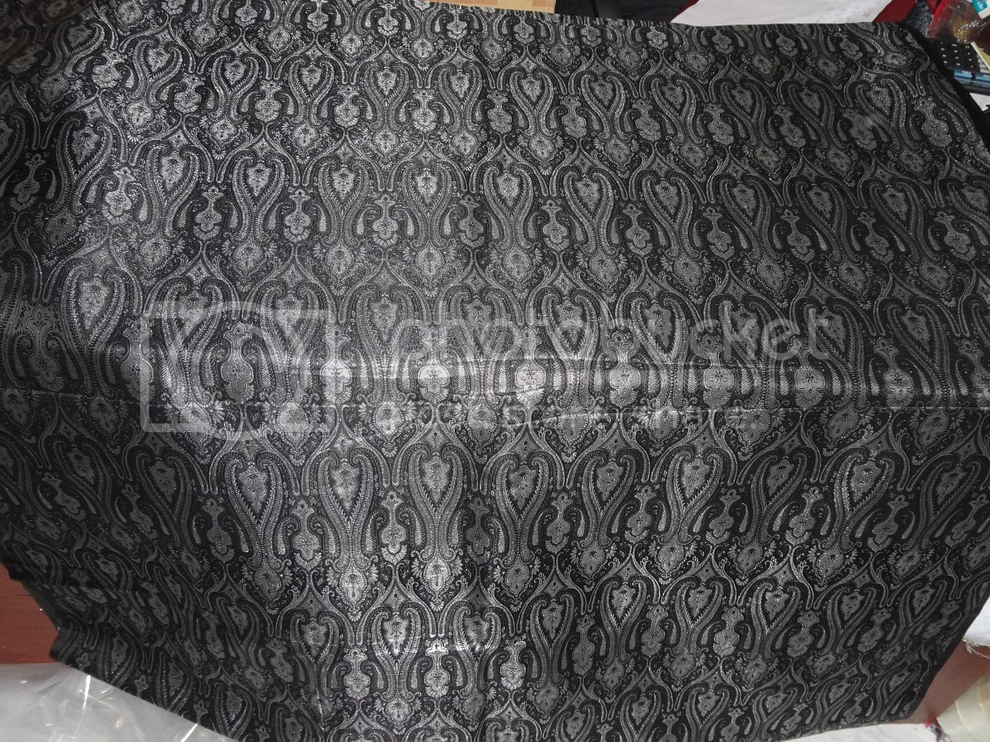 SILK BROCADE FABRIC Black & Metallic Silver color