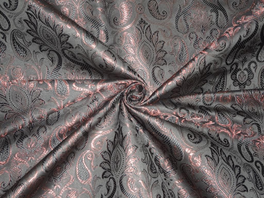 SILK BROCADE FABRIC Black & Metallic Bronze color