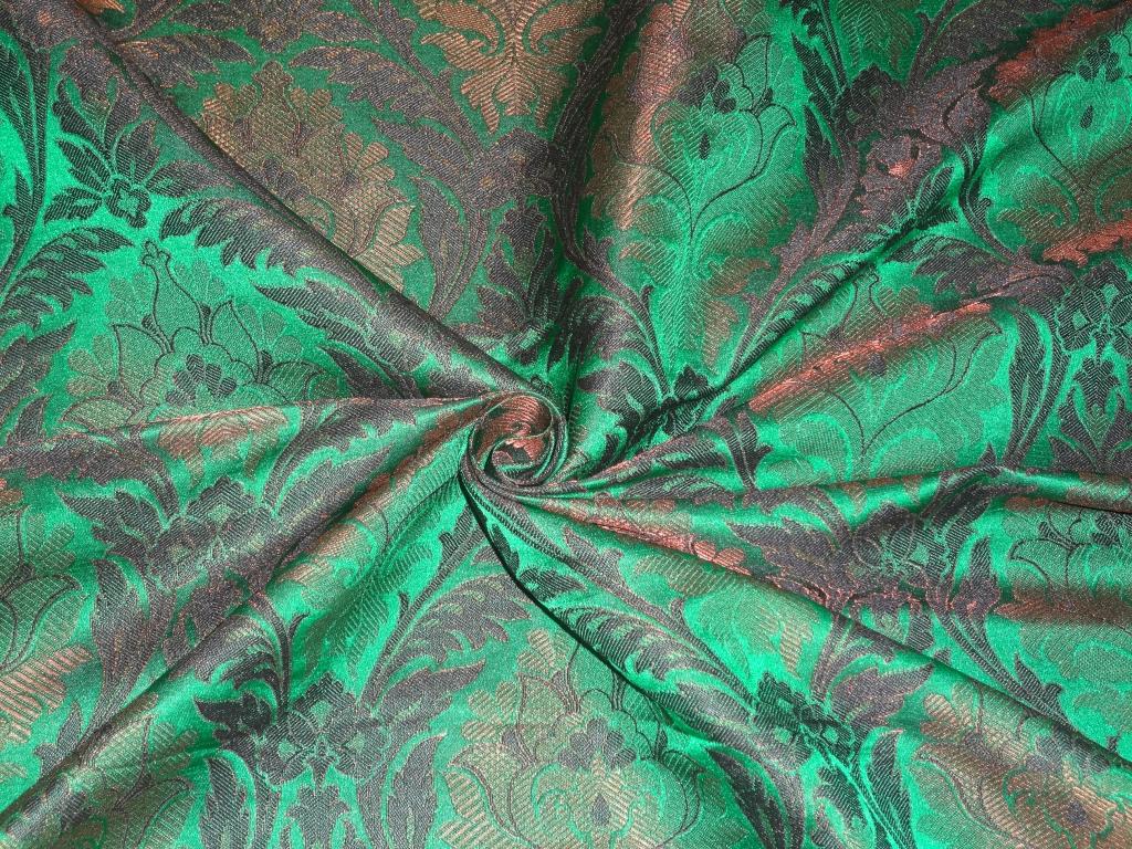 SILK BROCADE FABRIC Green, Black & Metallic Bronze color 44" wide BRO250